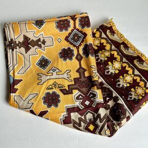 Groovy Aztec Geometric Polyester Knit Fabric Vtg 70s Yellow Brown Blue 2yd